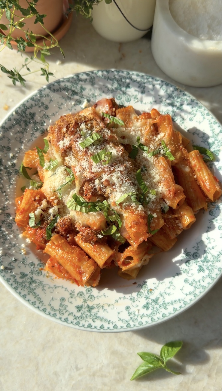 A cheesy plate of a heaping portion of Chicken Parm Pasta Bake
